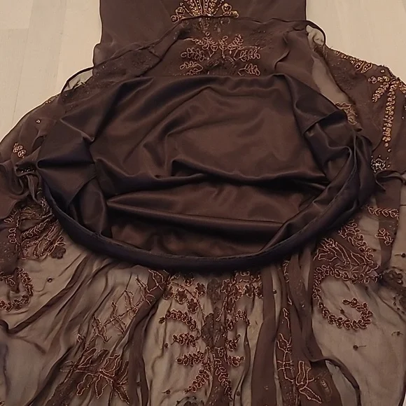 EUC VTG Marina 100% Silk Beaded and Sequined Chocolate Bown Lined Dress - Picture 9 of 17